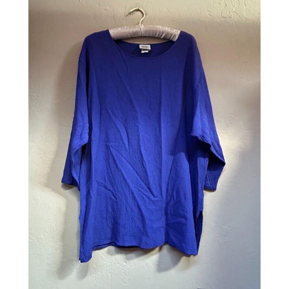 Monique Big Sur Womens Medium Crinkle Textured 3/4 Sleeve Tunic Top Blue Casual